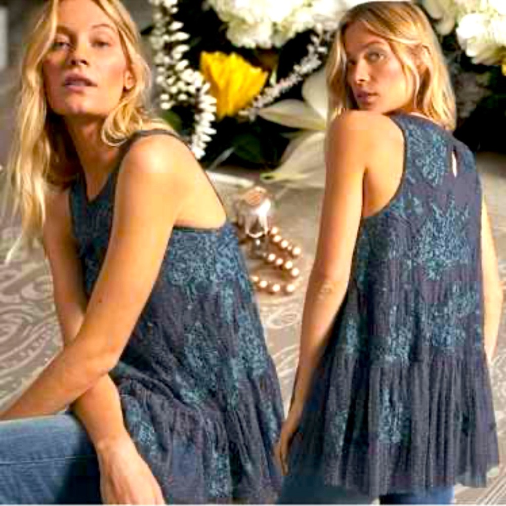 ANTHROPOLOGIE Blue Neomia Appliqué Sleeveless Swing Mini Dress or Tunic Top! Sm